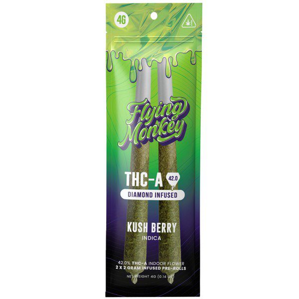 Flying Monkey THC-A Diamond Infused Pre Rolls 4G | 2ct: Kush Berry (Indica)