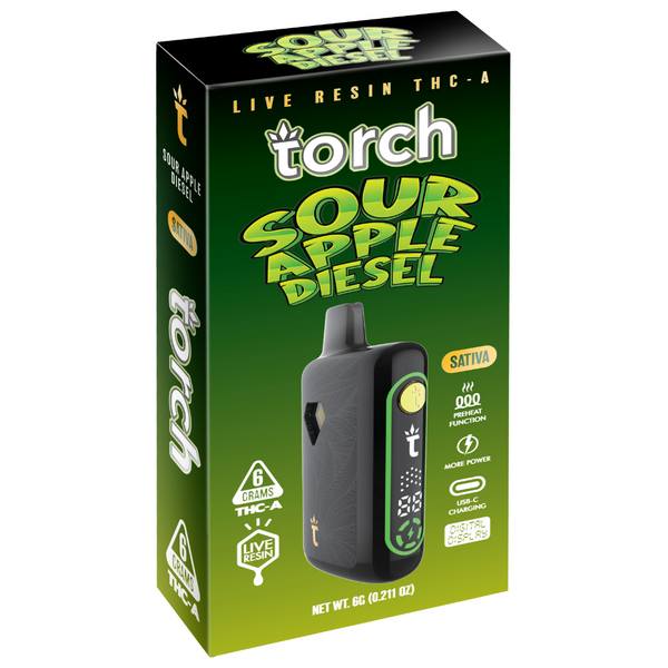 Torch Live Resin THC-A Disposable 6G Strain: Sour Apple Diesel (Sativa)