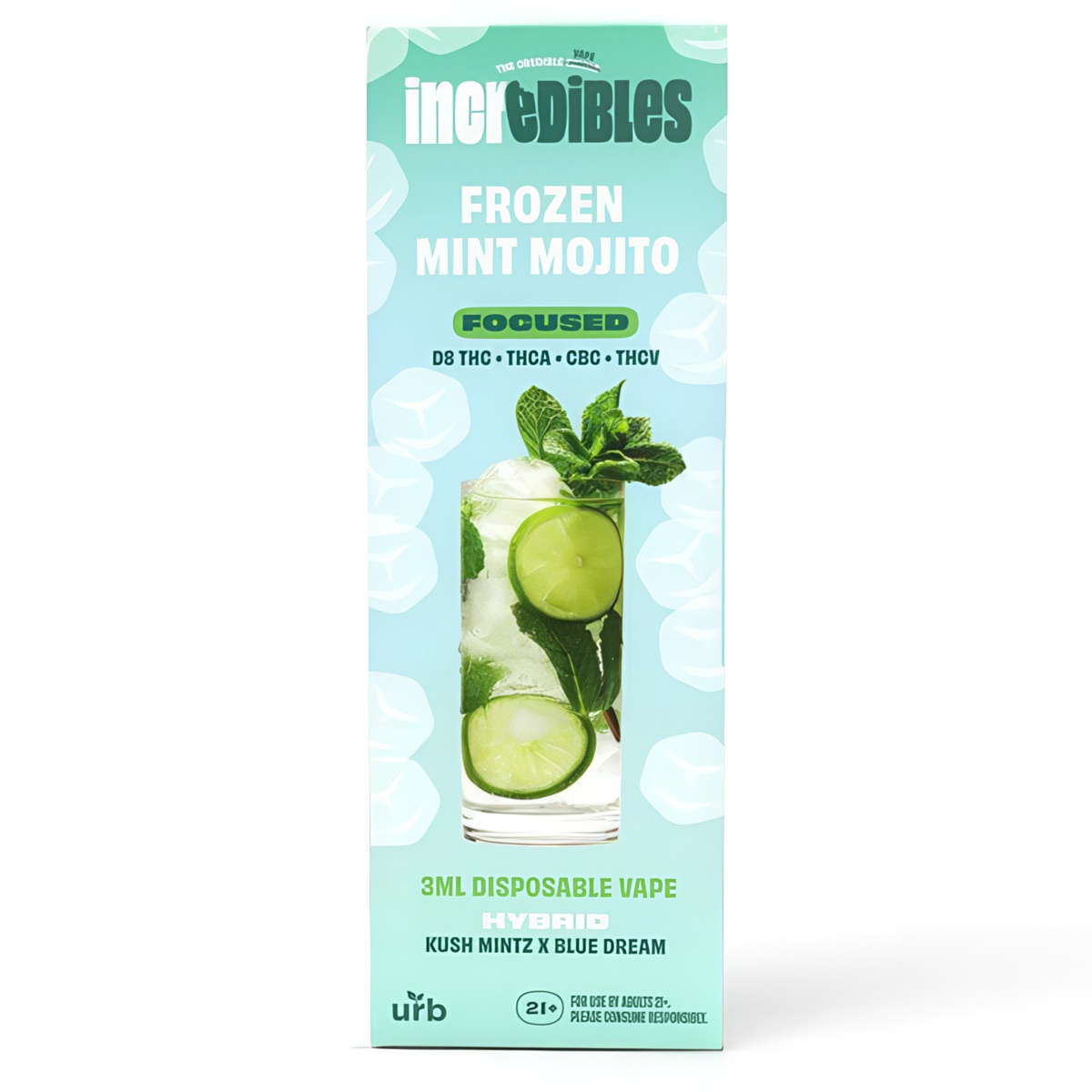 URB Incredibles Disposable 3 Grams strain-blend: Frozen Mint Mojito (Hybrid, D8, THCA, CBC, THCV)