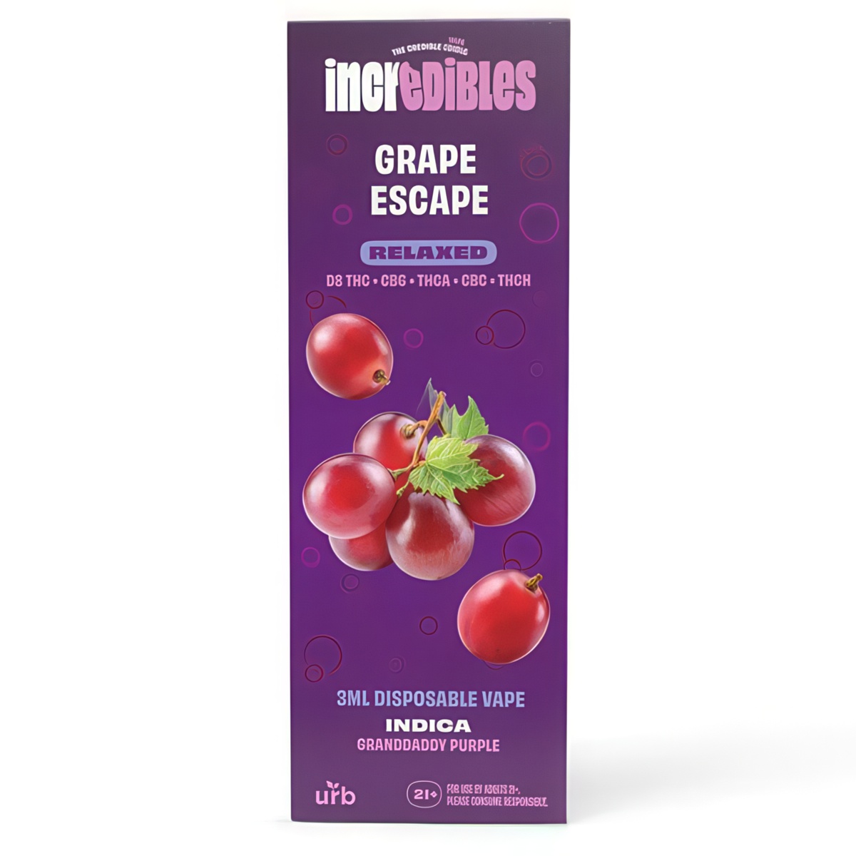 URB Incredibles Disposable 3G strain-blend: Grape Escape (Indica, D8, CBG, THCA, CBC, THCH)