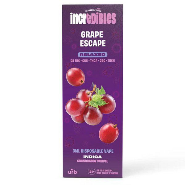 URB Incredibles Disposable 3G strain-blend: Grape Escape (Indica, D8, CBG, THCA, CBC, THCH)