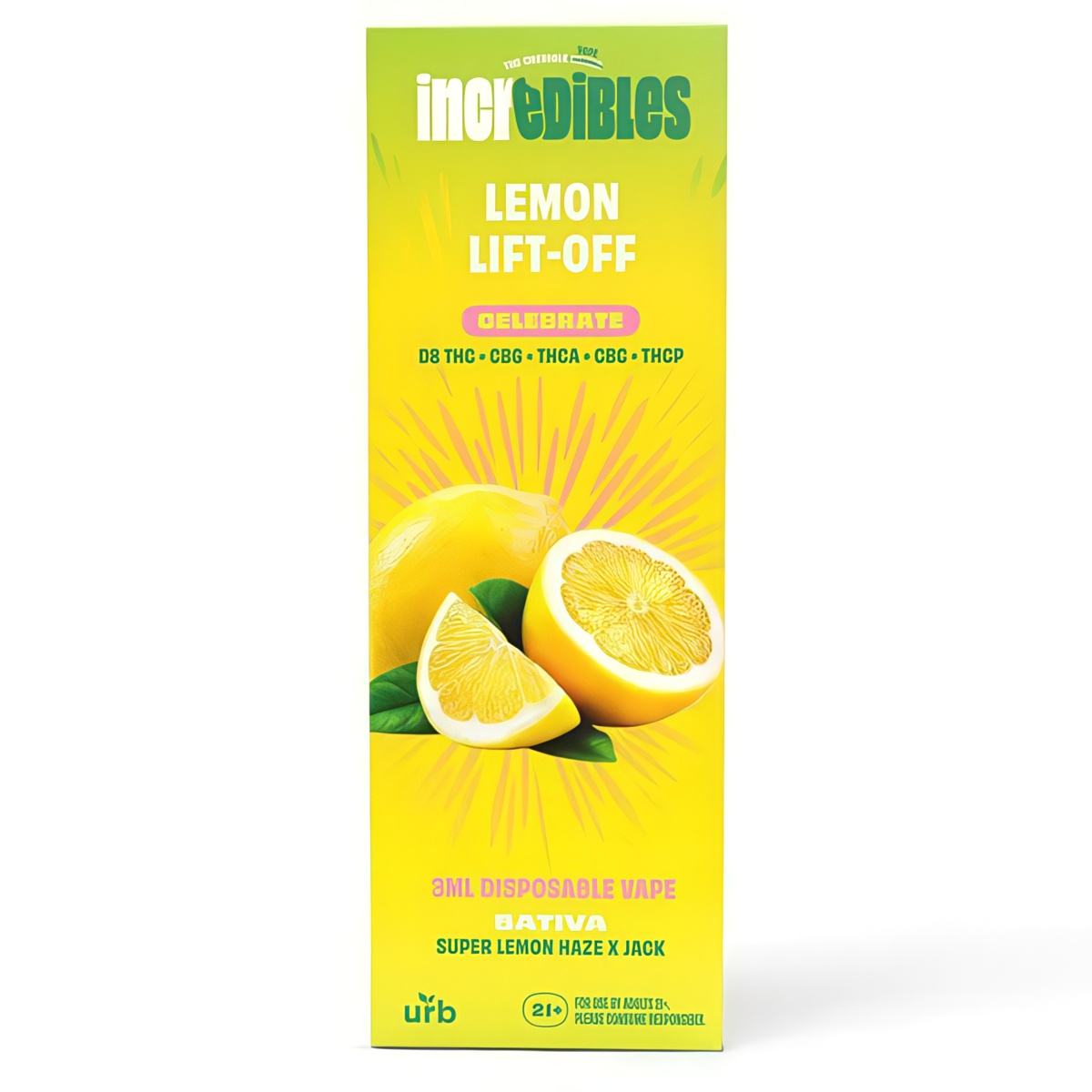 URB Incredibles Disposable 3G strain-blend: Lemon Lift Off (Sativa, D8, CBG, THCA, CBC, THCP)