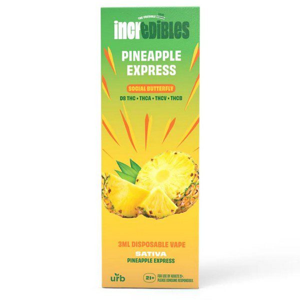 URB Incredibles Disposable 3G strain-blend: Pineapple Express (Sativa, D8, THCA, THCV, THCB)