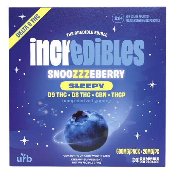 URB Incredibles Gummies 600mg flavor-blend: Snoozzzeberry (Sleepy, D9, D8, CBN, THCP)