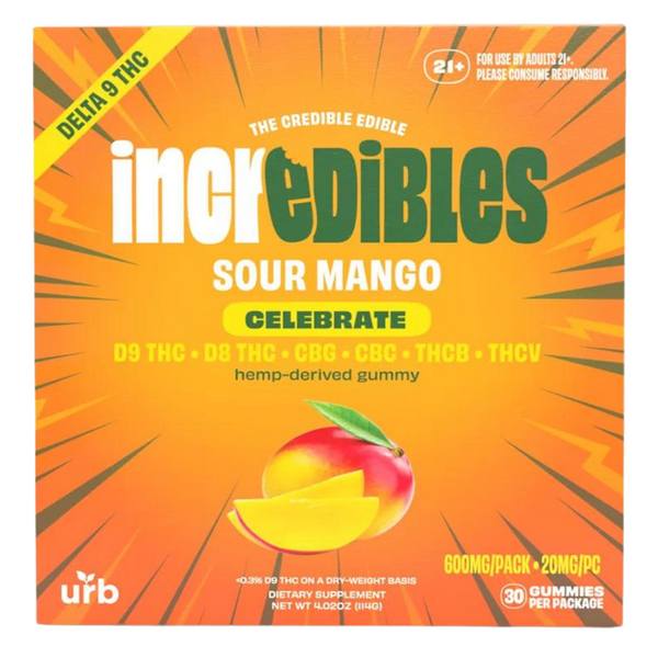 URB Incredibles Gummies 600mg flavor-blend: Sour Mango (Celebrate, D9, D8, CBG, CBC, THCB, THCV)