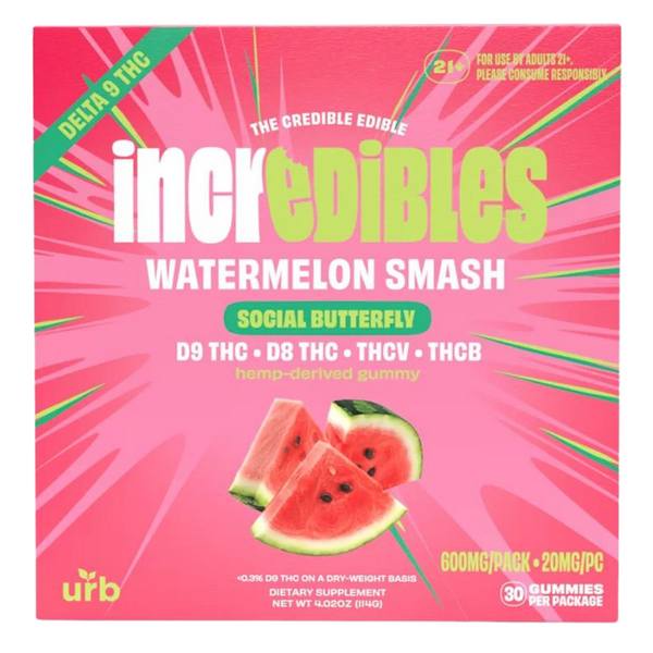 URB Incredibles Gummies 600mg flavor-blend: Watermelon Smash (Social Butterfly, D9, D8, THCV, THCB)