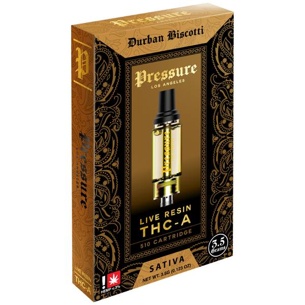 Pressure Live Resin THC-A Cartridge 3.5G Strain: Durban Biscotti (Sativa)