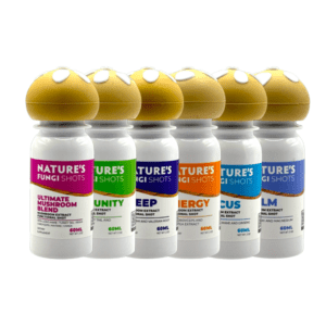 Nature's Fungi Shots featuring six different mushroom extract flavors in 60ml bottles, showcasing health-focused ingredients.