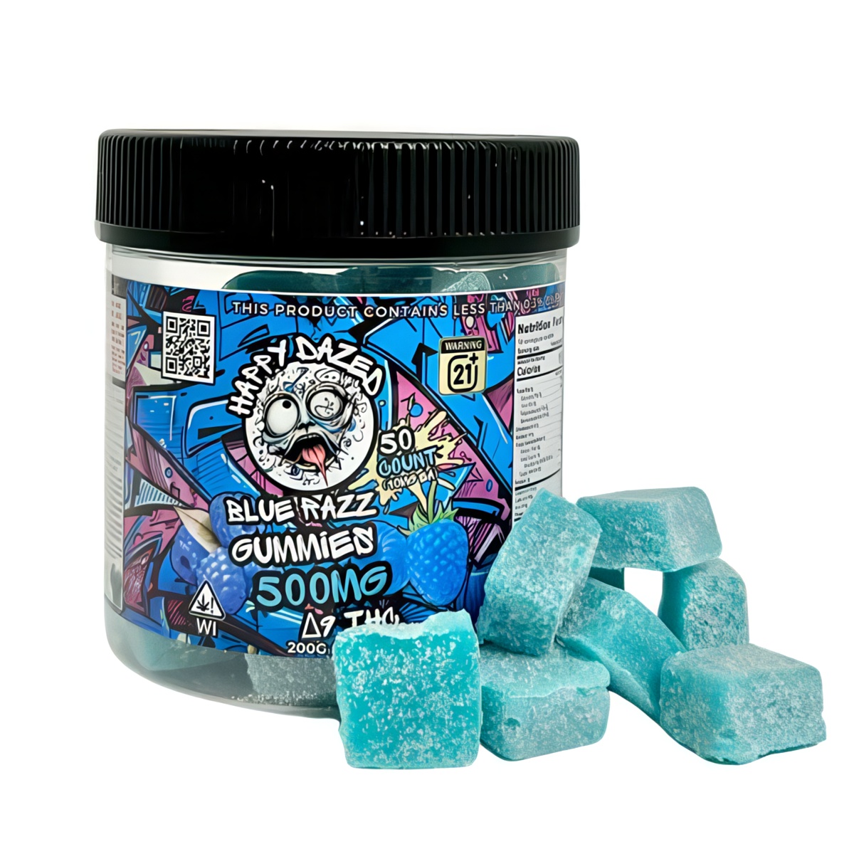 Happy Dazed Bulk D9 Gummies 50 count - Blue Razz