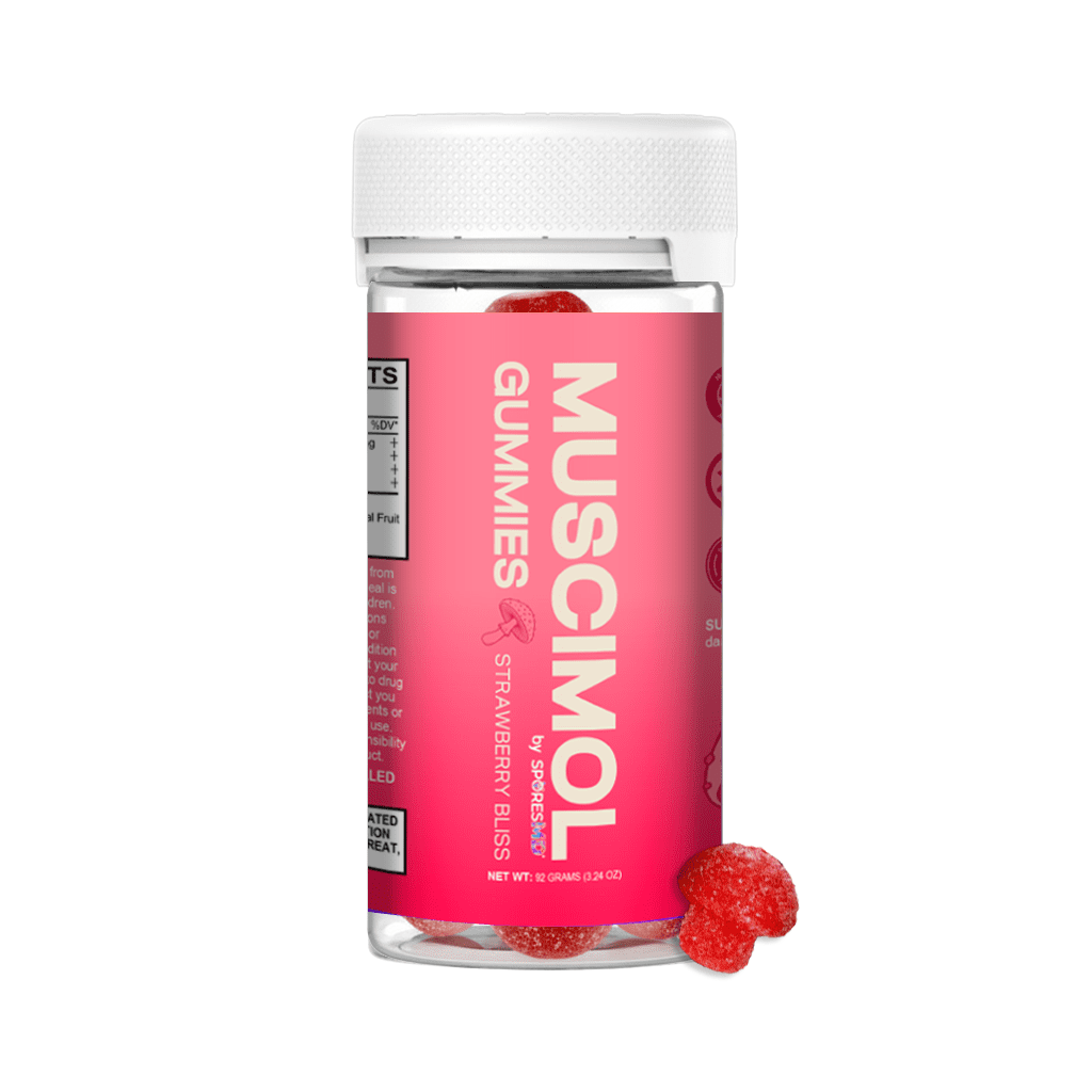 SMD_STRAWBERRY BLISS GUMMIES_JAR MOCKUP - Pure CBD Now Muscimol Gummies 15 Counts - Strawberry Bliss