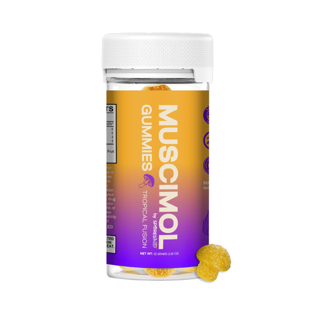 SMD_TROPICAL FUSION GUMMIES_JAR MOCKUP - Pure CBD Now Muscimol Gummies 15 Counts - Tropical Fusion